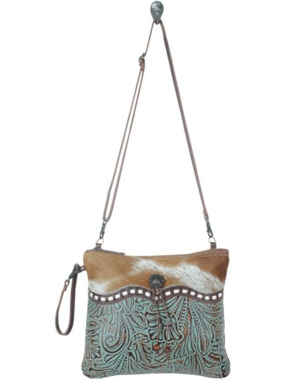 Stylish Cowhide Cowgirl Purse with Leather Strap & Paisley Pattern - Western Bag - Picture 5 of 7